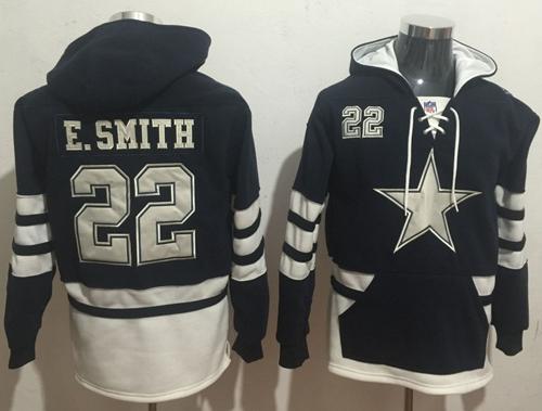 Nike Cowboys #22 Emmitt Smith Navy Blue/White Name & Number Pullover NFL Hoodie - Click Image to Close